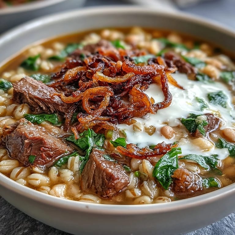 A close-up of tender beef, pearl barley, and lentils swimming in a savory herb broth next to crusty bread.