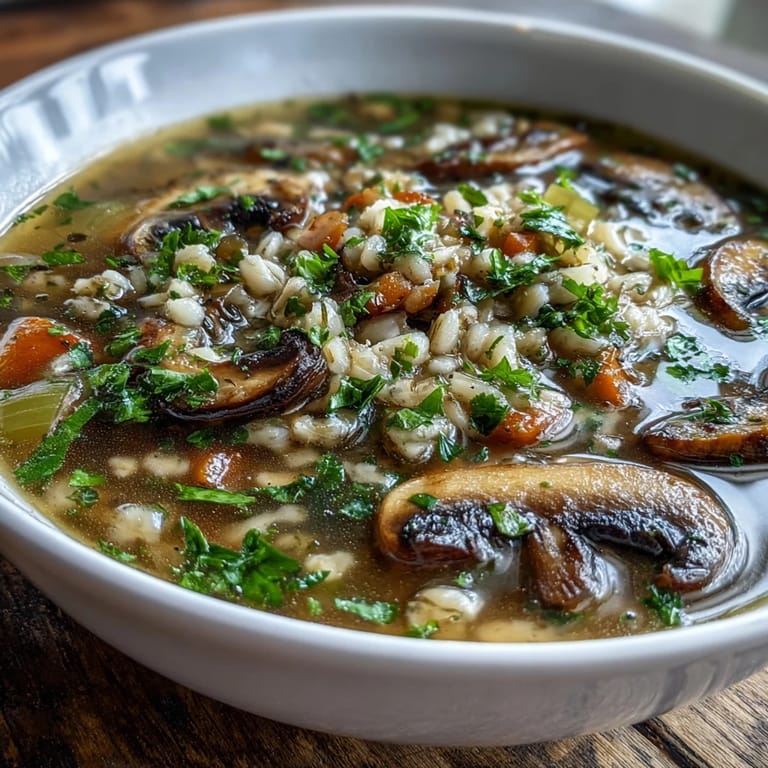 Thick and savory Mushroom Barley Soup with tender shiitakes and carrots in a rustic bowl.