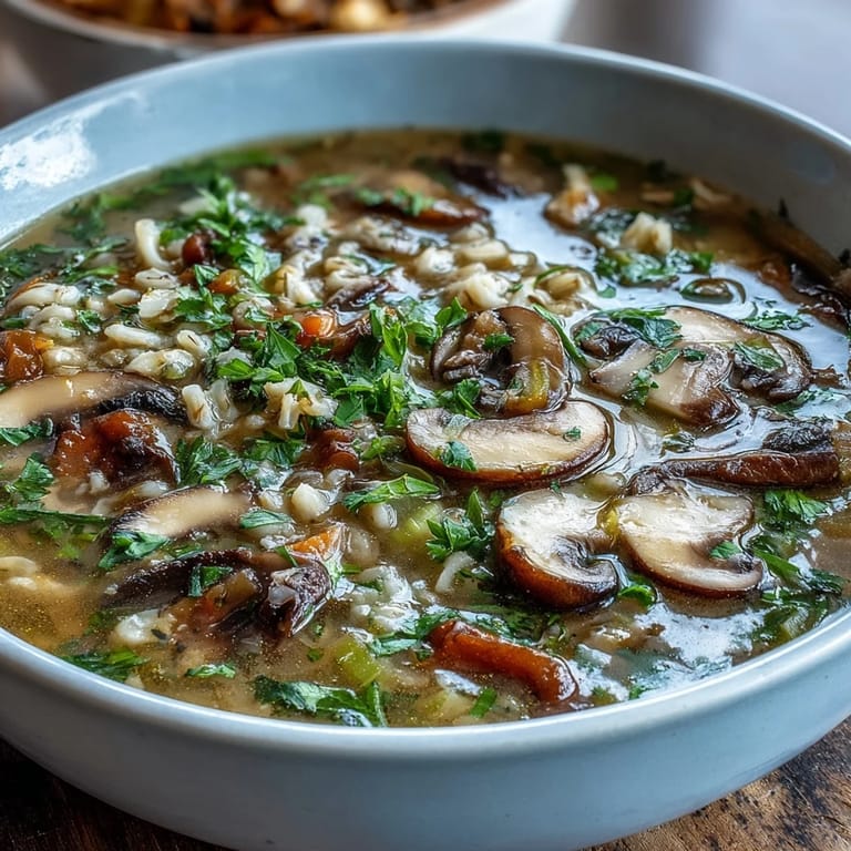 Hearty vegetarian Mushroom Barley Soup served hot, ready to enjoy with a slice of rye.