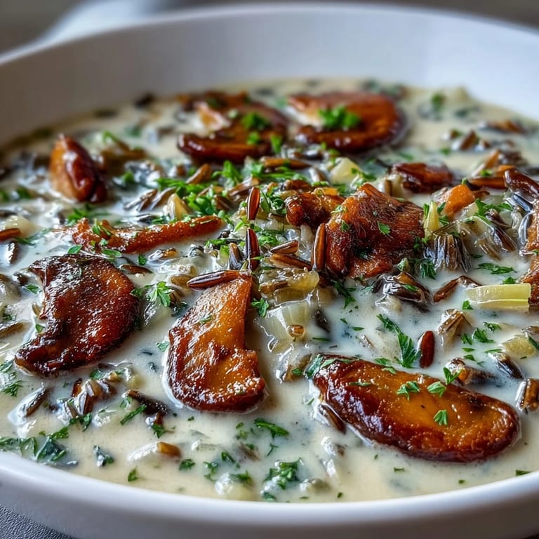 Steaming bowl of homemade Wild Rice Mushroom Soup, featuring tender wild mushrooms and hearty grains in a rich, velvety broth.
