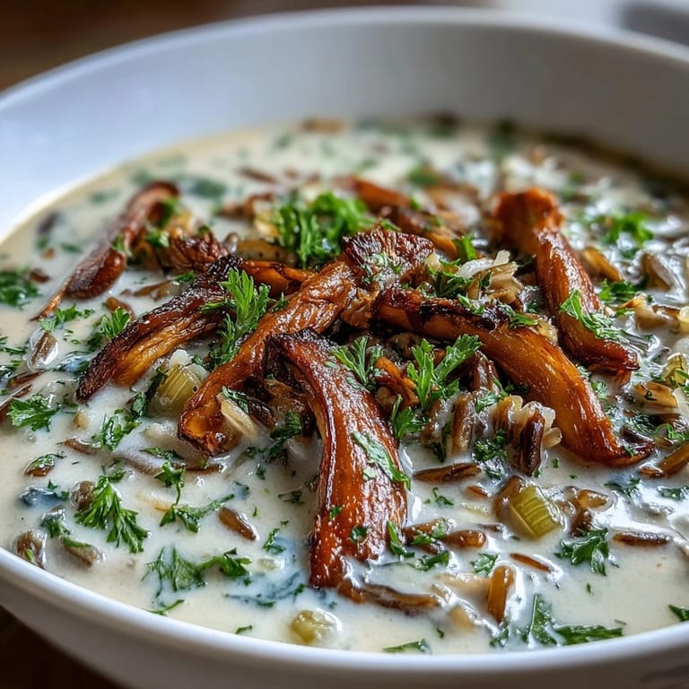 Aromatic Wild Rice Mushroom Soup simmering in a pot, showcasing sautéed mushrooms and fresh thyme for a cozy dinner.