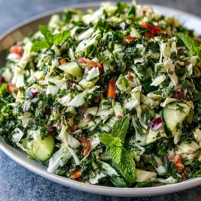 Chilled Lebanese Cabbage Salad tossed with green onions, mint, and zesty lemon-olive oil dressing, served ready to eat.