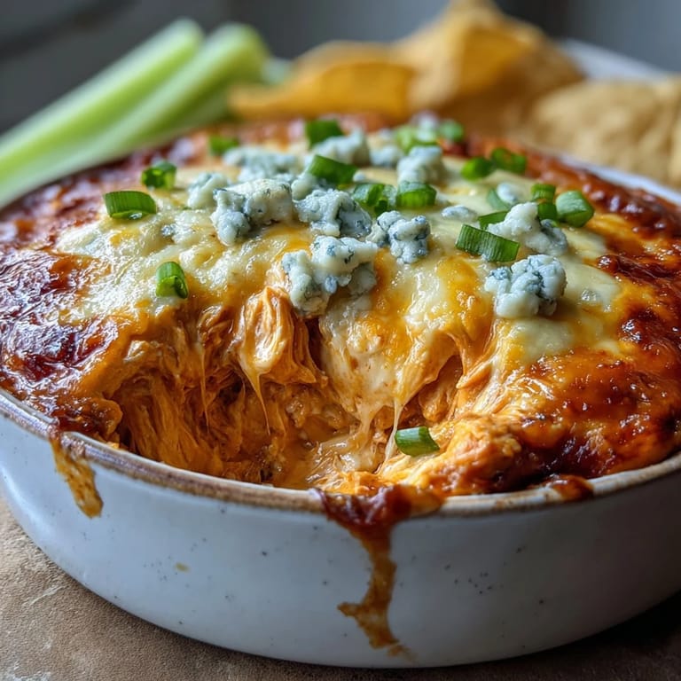 A spoon scooping creamy, spicy Buffalo Chicken Dip from a baking dish beside crunchy tortilla chips and celery.