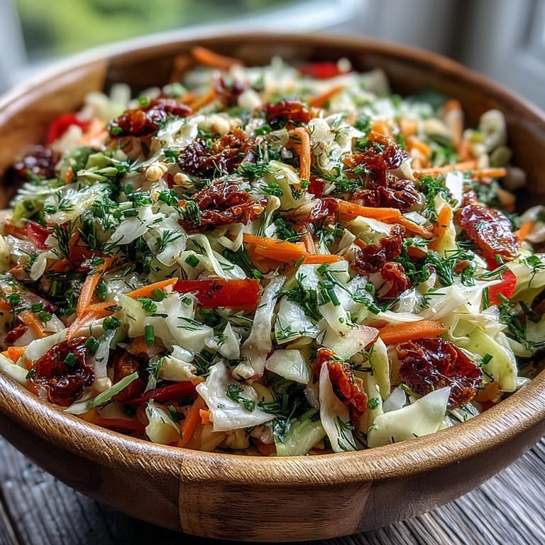 Served chilled in a white bowl, this vibrant cabbage salad with sun-dried tomatoes makes an easy lunch.