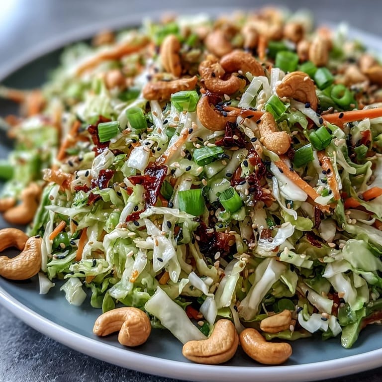 Colorful Asian Cabbage Salad topped with roasted cashews and sesame seeds, ready to be served as a refreshing side dish.