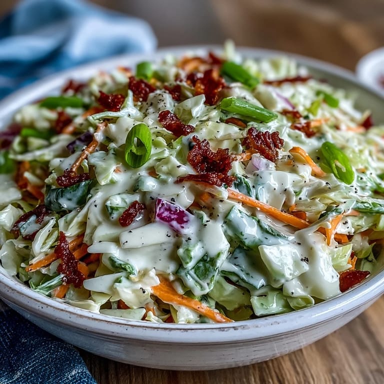 Refreshing Coleslaw With Creamy Dressing served chilled in a glass bowl, garnished with fresh parsley, perfect as a tangy side dish for a summer picnic.