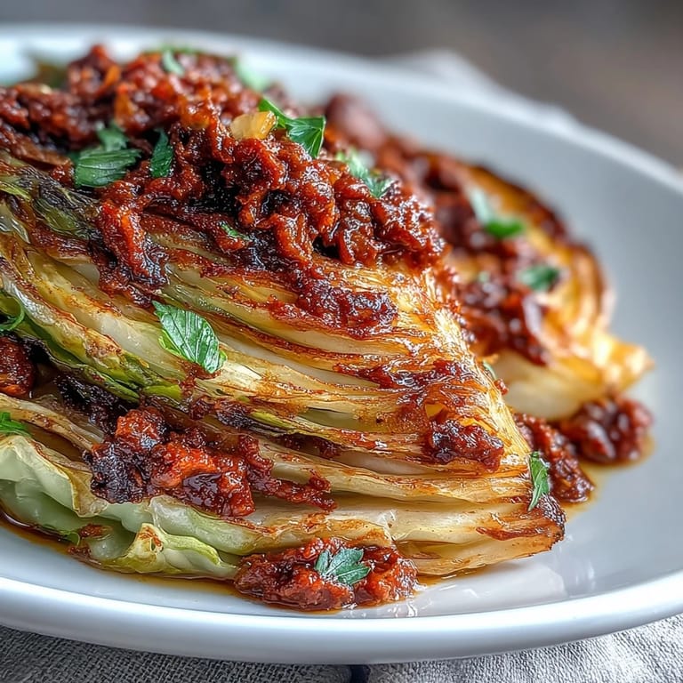 A close-up of Baked Cabbage Salad With Winter Romesco plated with toasted walnuts and bright lemon wedges for serving.