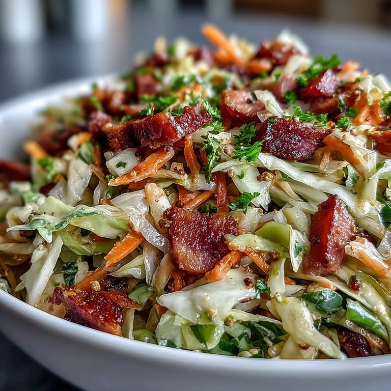 Colorful German Cabbage Coleslaw with Shredded Ham served in a white bowl garnished with fresh parsley. 