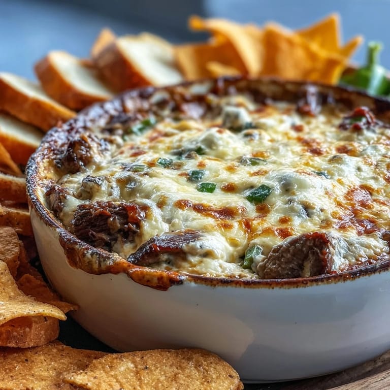 Sizzling skillet of Philly Cheesesteak Dip featuring melty provolone and tender steak, ready to serve at a lively game day party.
