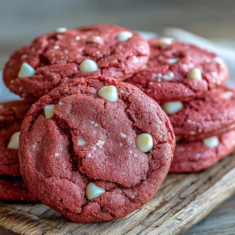 Close-up of Pink Velvet Cookies showing tender pink crumb and melted white chocolate chips on a rustic wooden table.