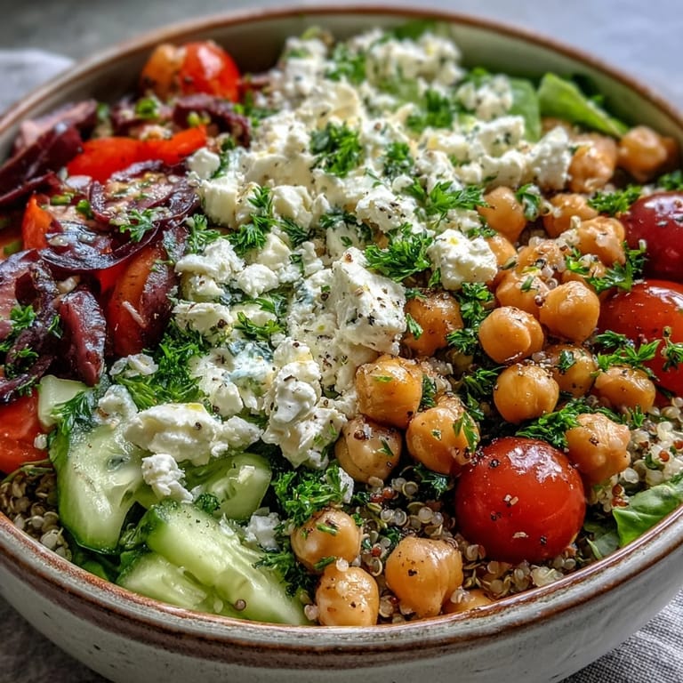 Enjoy a nutritious bowl of High Protein Quinoa & Chickpea Salad, perfect for a Mediterranean-inspired healthy lunch.