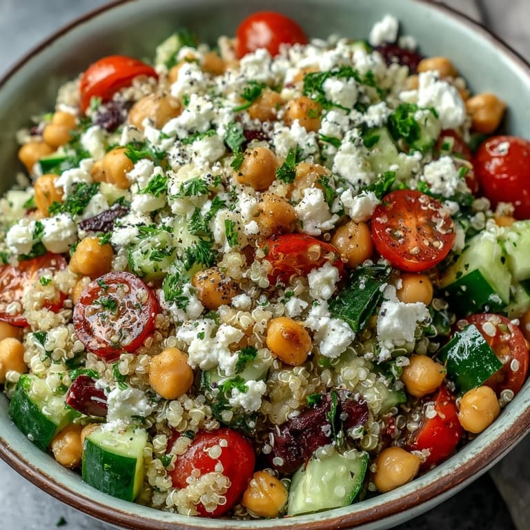 Tossing the fluffy quinoa, chickpeas, and fresh herbs with a zesty lemon vinaigrette dressing in a large bowl.