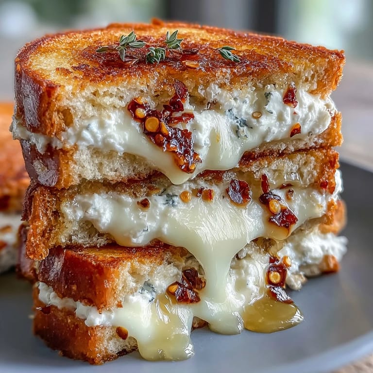 Close-up on a halved goat cheese grilled cheese with honey and chili flakes revealing smooth chèvre and red chili specks.