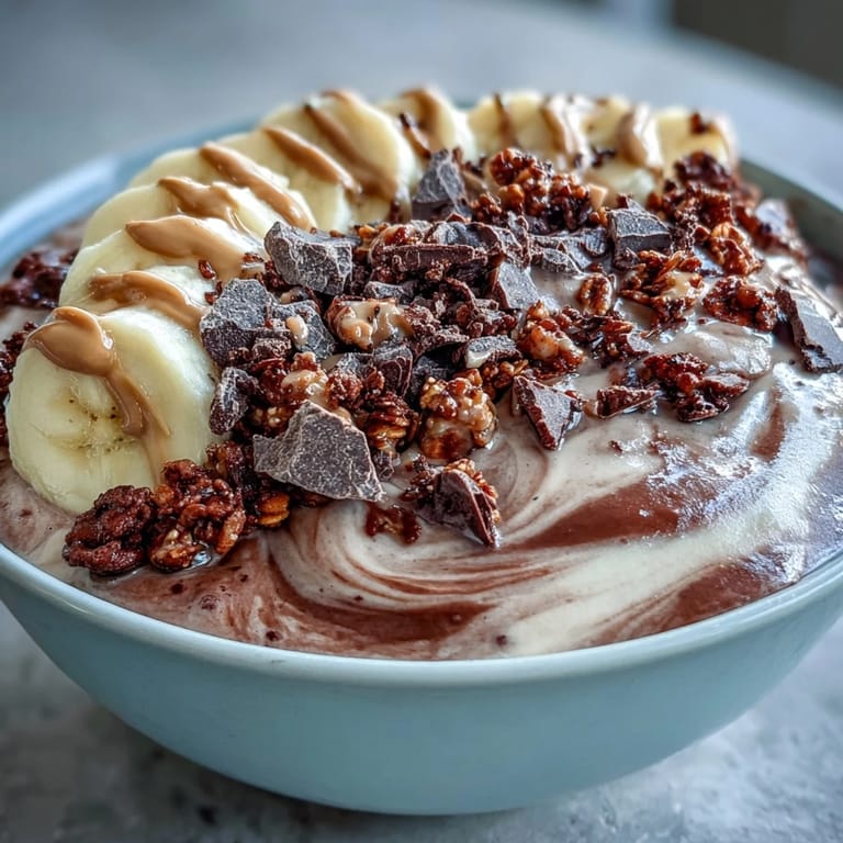 Served in a white ceramic bowl, this Chocolate Peanut Butter Smoothie Bowl features sliced bananas and chocolate chunks, a perfect easy American breakfast.