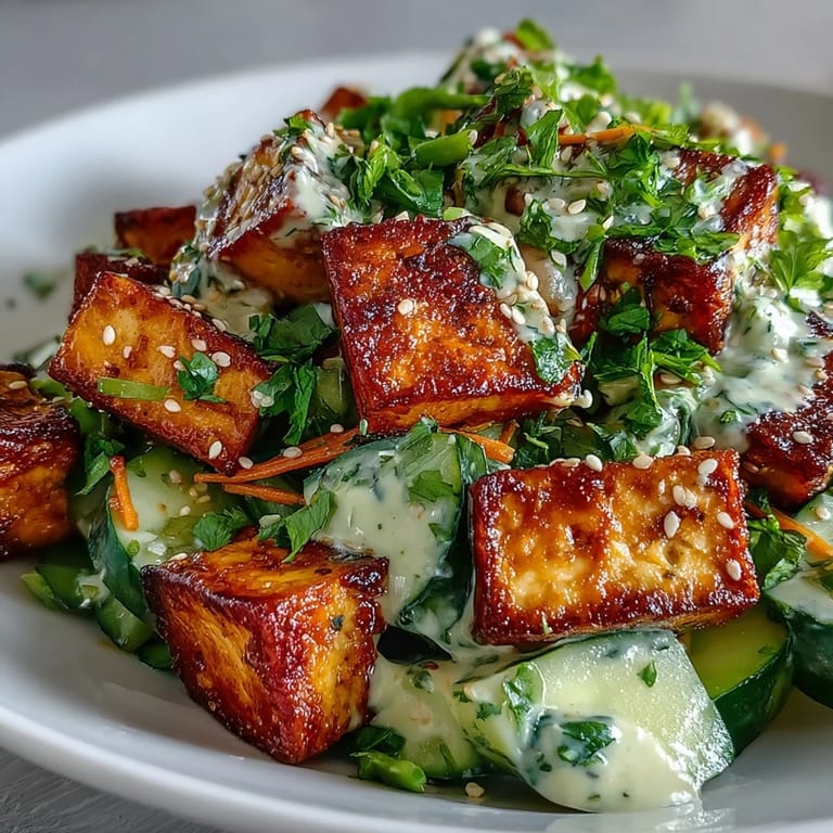 Ready-to-eat Creamy Asian Cucumber Salad with Crispy Tofu, garnished with green onions and perfect for a light lunch.