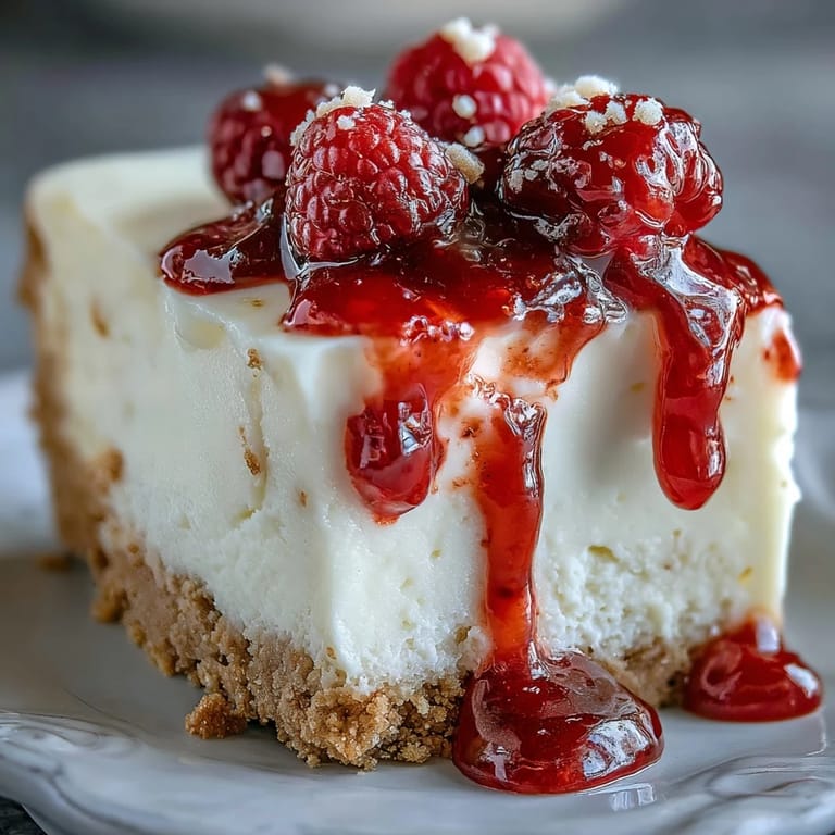 Topped with fresh raspberries and a white chocolate drizzle, this decadent slice offers a perfect sweet and tart dessert for parties.