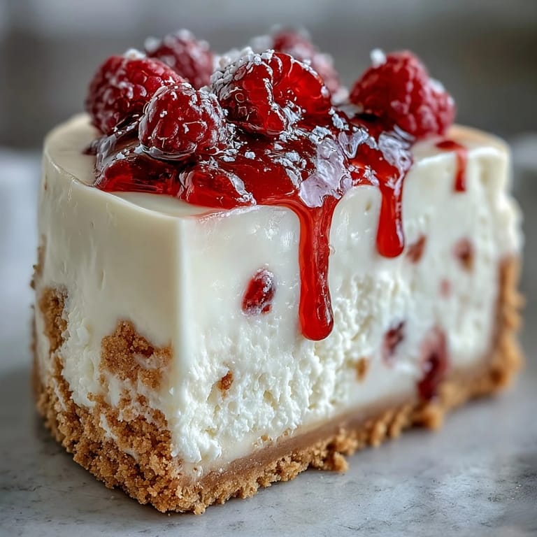 Gooey white chocolate chunks and tangy raspberry sauce create a stunning marbled effect in this homemade Indulgent White Chocolate Raspberry Cheesecake Bliss.
