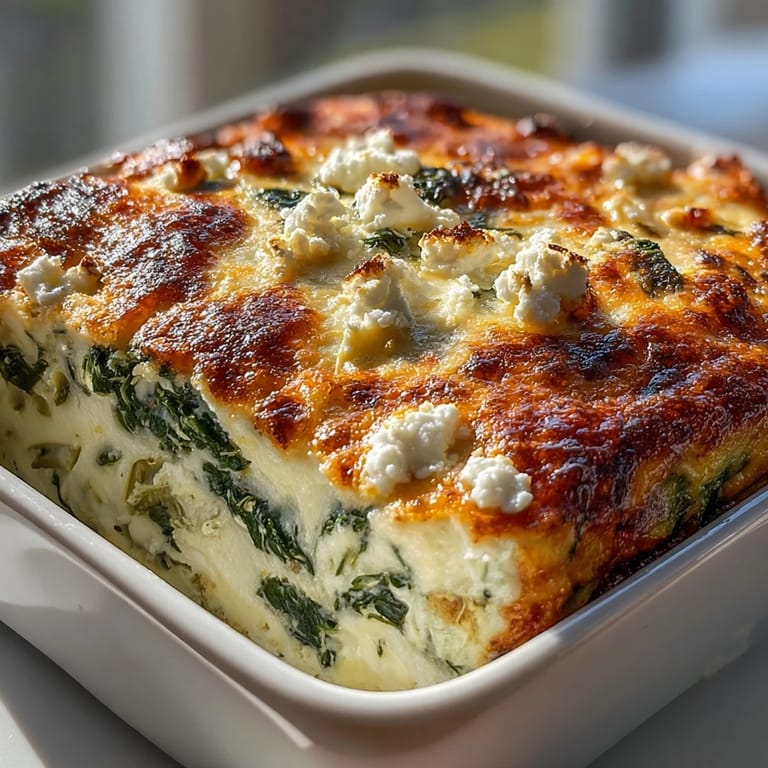 Close-up of High Protein Spinach Artichoke Bake slice beside a fork, showcasing golden edges and artichoke hearts on a plate.