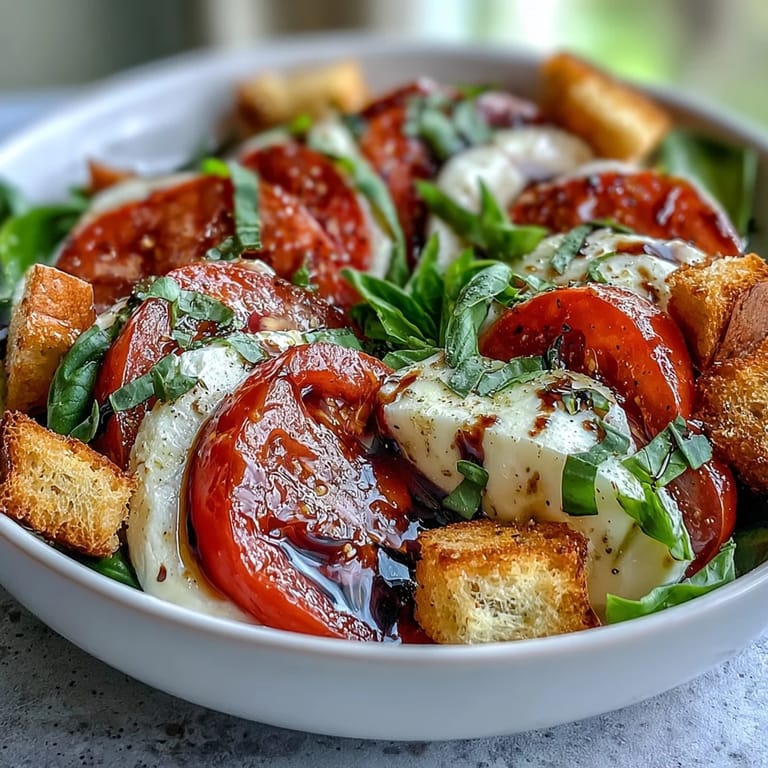 Ready in ten minutes, this Caprese Salad Bowl features crisp rustic bread chunks over balsamic-dressed mozzarella and ripe tomatoes.
