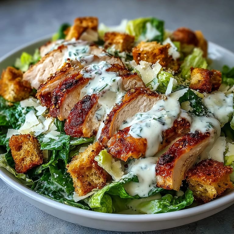 Juicy Caesar Chicken Bowl served in a white bowl with croutons and creamy dressing