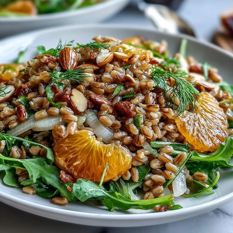 Overhead shot of the hearty Farro Salad Bowl with Fennel, Oranges & Almonds served in a rustic ceramic dish with a light vinaigrette.