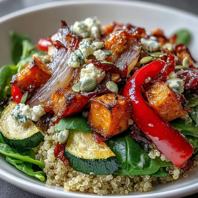 The wholesome quinoa warm salad bowl is topped with crumbled feta cheese and toasted pumpkin seeds for a nourishing meal.