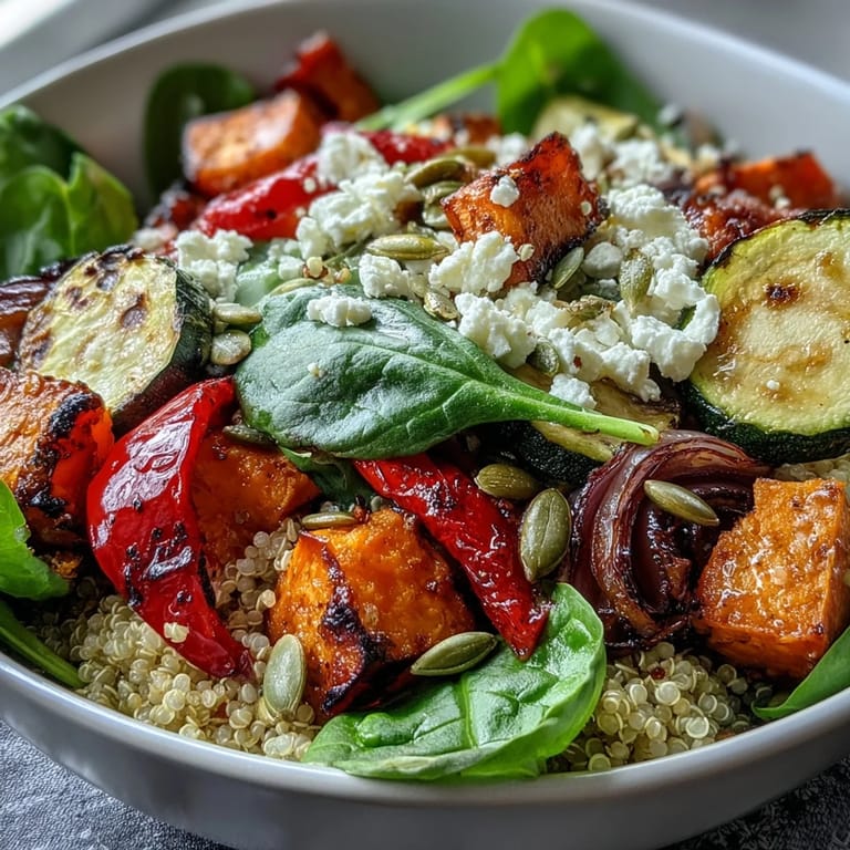 Golden roasted vegetables and wilted greens in a warm salad bowl, ready to serve as a healthy main dish.