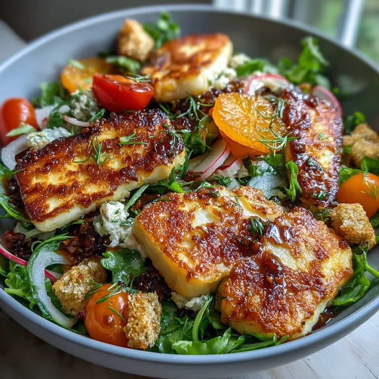 Sizzling halloumi, juicy blood orange, and crunchy croutons make up a fresh Halloumi Blood Orange Fattoush salad.