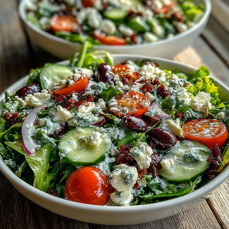 Bright Mediterranean Green Salad Bowl topped with creamy feta and red onion, ready to serve as a refreshing vegetarian side or light lunch.