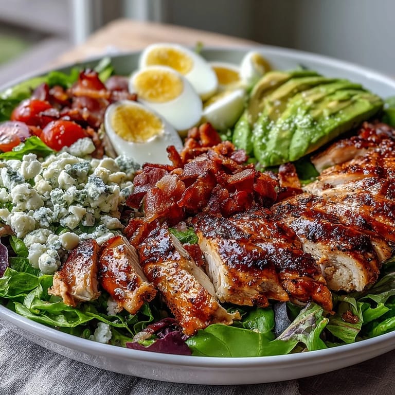 Deconstructed Cobb Salad Bowl featuring sliced grilled chicken, crunchy bacon, ripe avocado, and rich blue cheese, paired with tomatoes and eggs for a satisfying main dish.