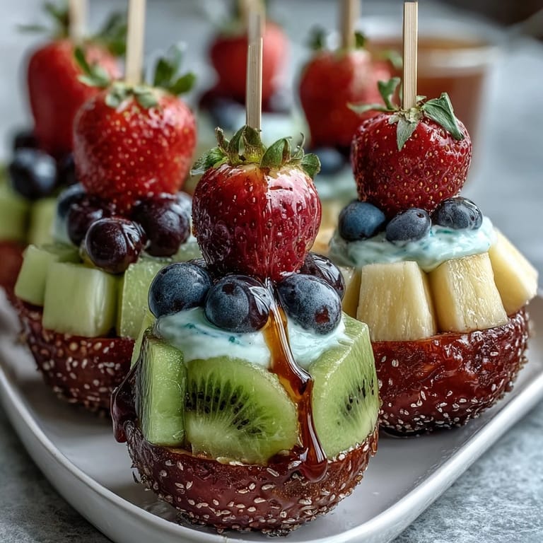 Healthy bento box with bright fruit skewers, a creamy vanilla yogurt dip, and crunchy veggie sticks, great for picnics or lunchboxes.