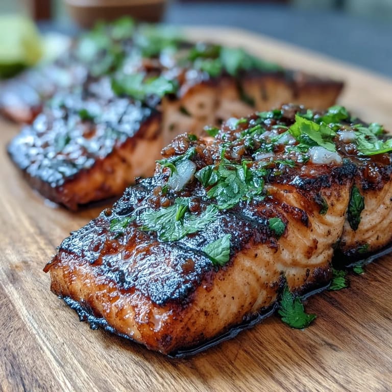 Fresh grilled salmon fillets with bright strawberry salsa, perfect for a light and healthy American seafood meal.