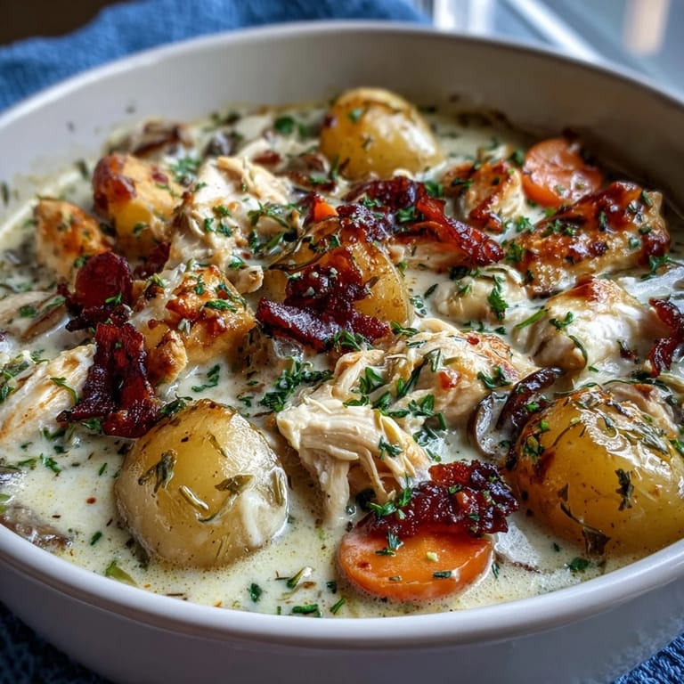 Creamy chicken pot pie soup featuring shredded chicken, potatoes, and carrots, served hot with flaky biscuits for dipping.