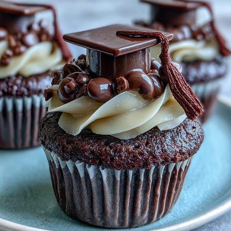 Simple vanilla cupcakes with creamy buttercream frosting, crowned with adorable mini graduation cap toppers.