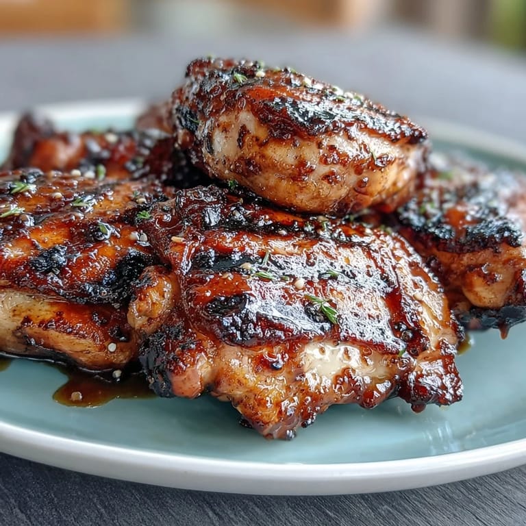 Sticky honey garlic marinade coats juicy chicken thighs, creating a sweet and savory summer BBQ dish.