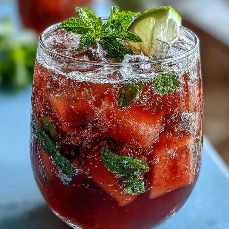 Chilled watermelon mint spritz mocktail served over ice with lime slices and mint sprigs, ideal for festive gatherings.