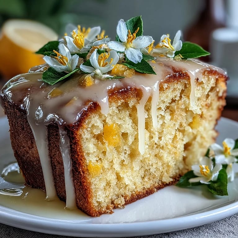 Bright lemon cake decorated with colorful edible flowers, offering a refreshing citrus flavor for springtime treats.
