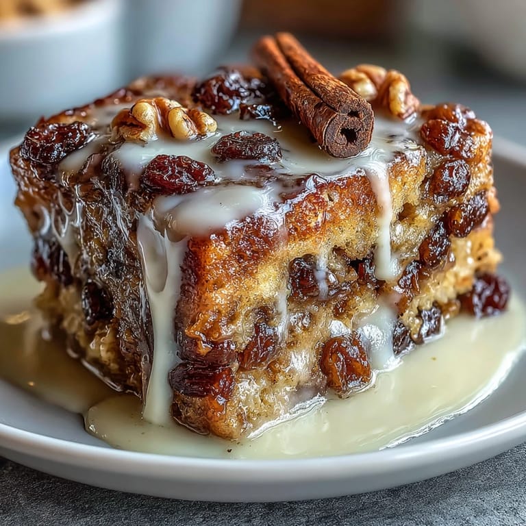 Layers of Easy Capirotada with Cinnamon, Piloncillo, and Raisins baked to golden perfection, topped with raisins, cheese, and a drizzle of rich cinnamon-spiced syrup.