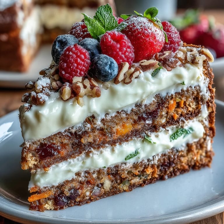 Elegant Easter dessert display with moist carrot cake, airy pavlova topped with fruit, and tangy lemon tart—perfect for holiday celebrations.