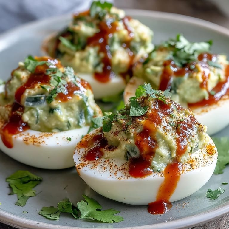 Healthy avocado deviled eggs with Dijon mustard and red onion, finished with a bold Sriracha drizzle.