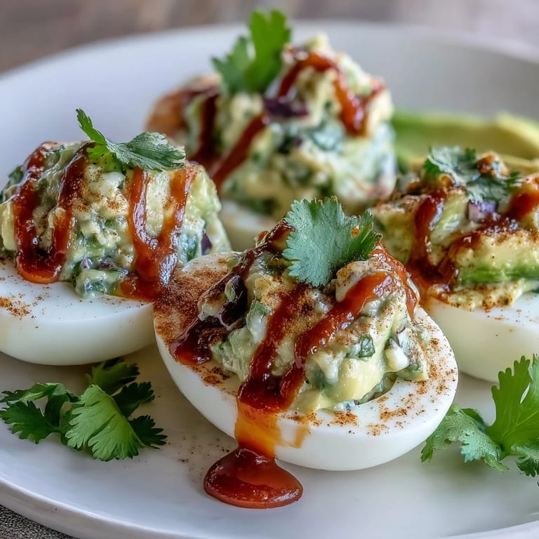 Vibrant deviled eggs filled with avocado-lime mash and topped with a fiery Sriracha kick for extra flavor.