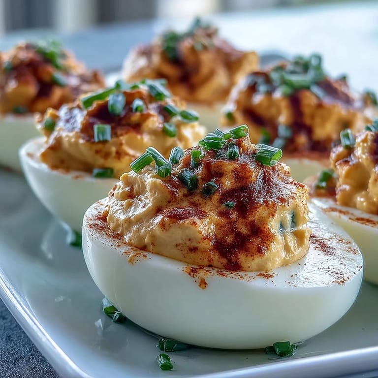 A close-up view of elegantly served deviled eggs garnished with fresh chives and paprika on a white platter.