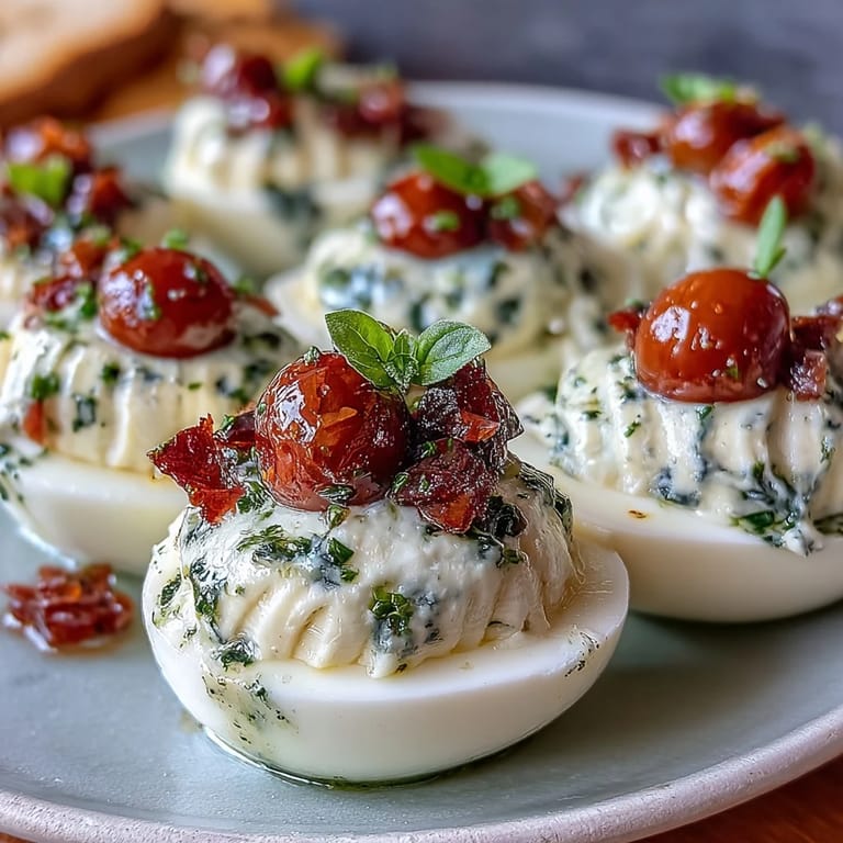 U.S. food blog favorite: Caprese Deviled Eggs, a dazzling, flavorful appetizer.