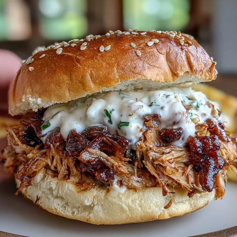 Hearty smoked pulled chicken sandwiches ready to be drenched in zesty white sauce.