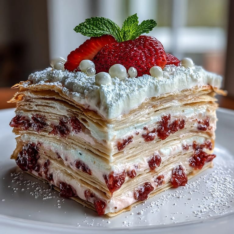 Perfectly frosted Mother's Day Crêpe Cake, artfully topped with fresh strawberries.