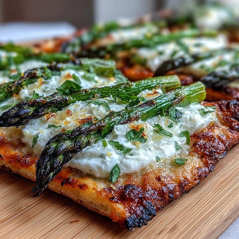 Vibrant flatbread topped with tender roasted asparagus and fresh burrata cheese.