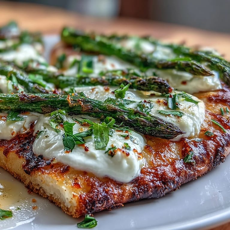 Deliciously crisp flatbread featuring spring asparagus, burrata, and a zesty lemon finish.