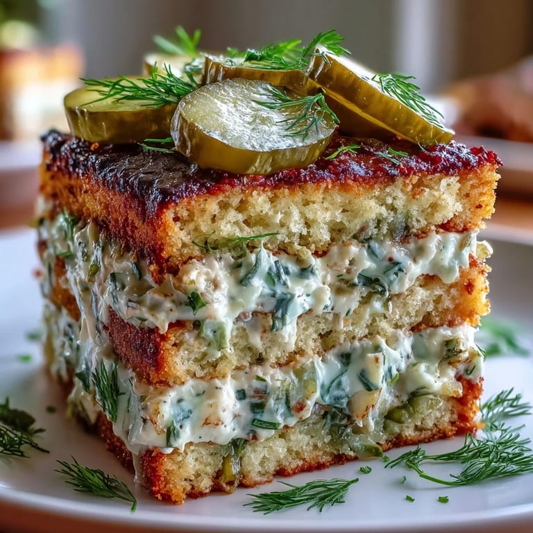 Appetizer-style Pickle Cake, beautifully frosted with fresh dill and pickle garnish.
