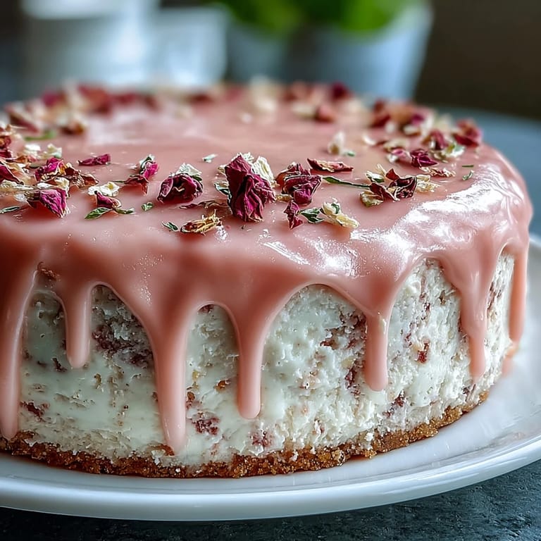 Soft pink Rosé Velvet Cake with shimmering gold icing, a delightful dessert.