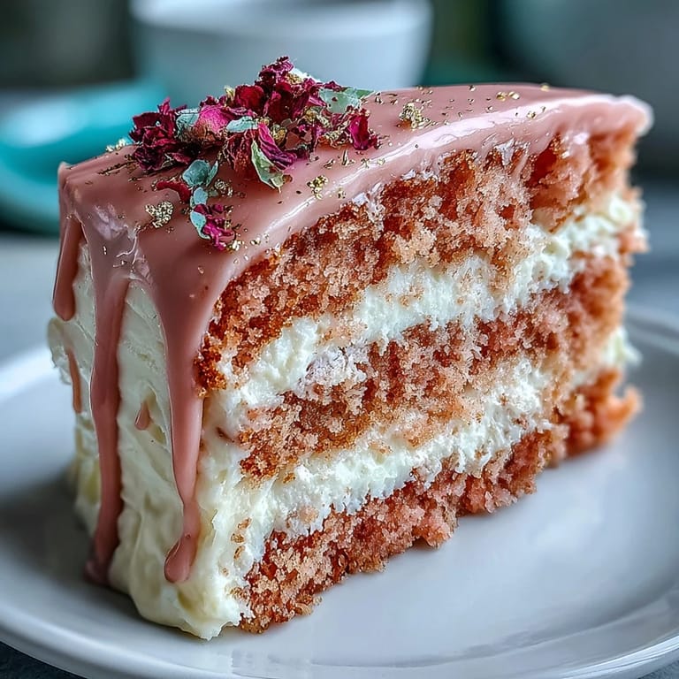 Showstopping Bridal Shower Rosé Velvet Cake, decadently frosted and dripped in gold.